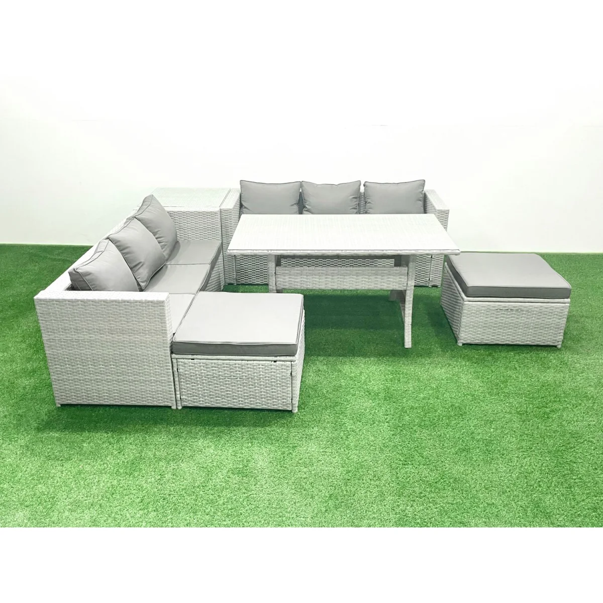 Fimous 8-Seater PE Rattan Outdoor Sofa and Dining Set with Galvanized Steel Frame. - Light Grey Mixed – image 4