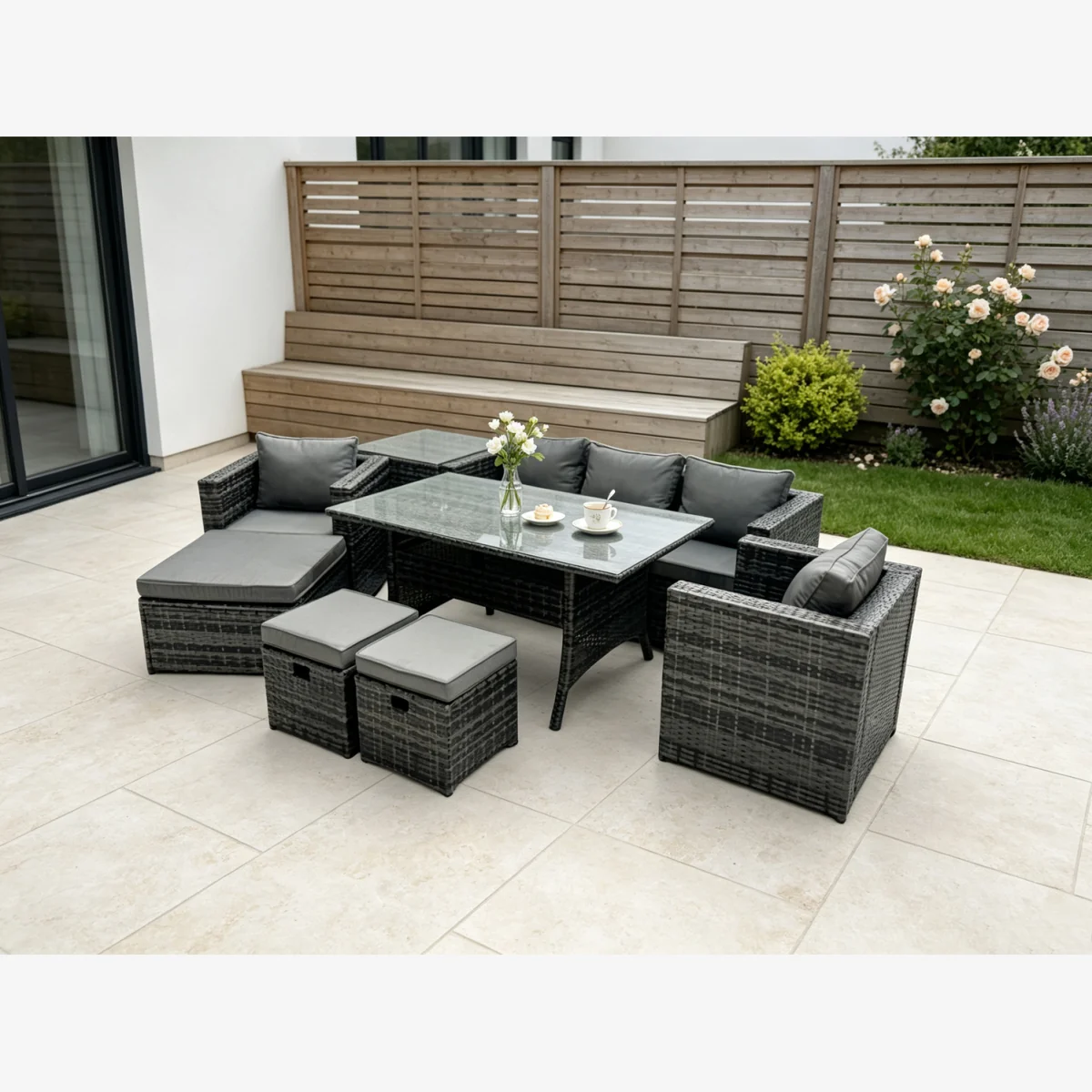 Rattan Garden Furniture Sofa 8 Seat Side Footstool 2 Stool - Dark Grey