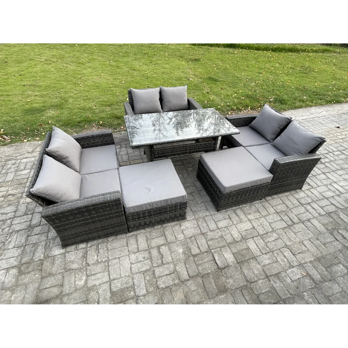 Fimous High-Back 8-Seater Outdoor Rattan Sofa and Dining Table Set in Dark Grey Mixed. - Dark grey mixed rattan with dark grey fabric – image 5