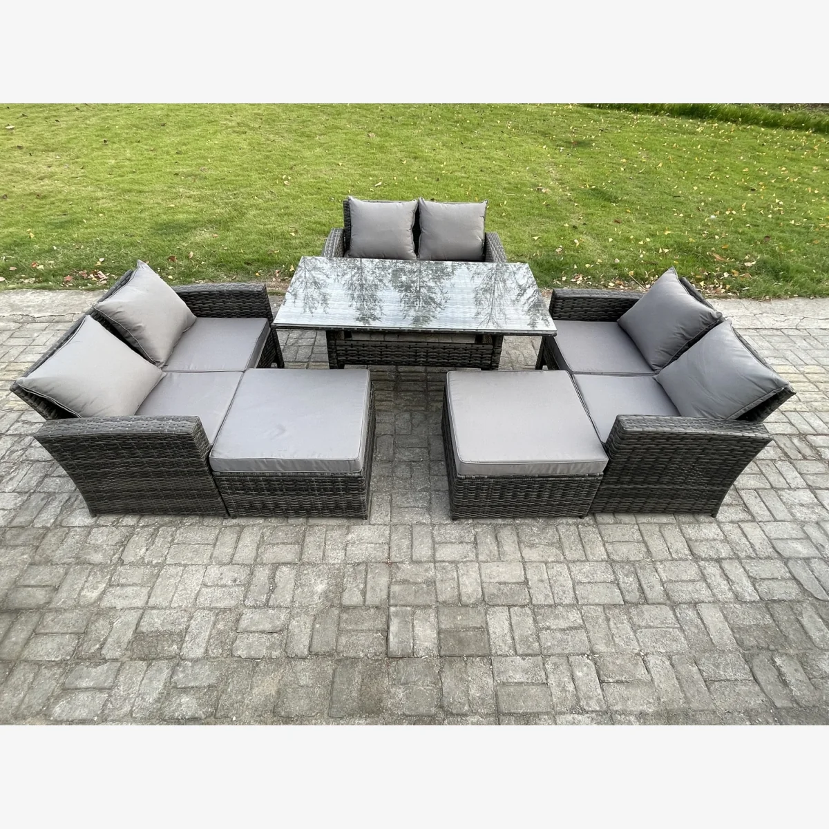 Fimous High-Back 8-Seater Outdoor Rattan Sofa and Dining Table Set in Dark Grey Mixed. - Dark grey mixed rattan with dark grey fabric – image 1