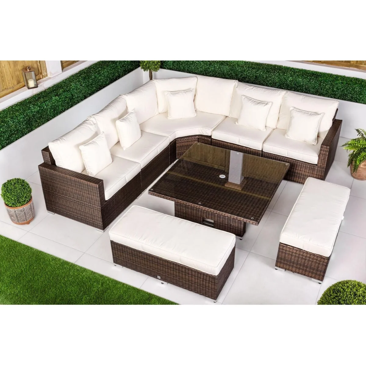 Santorini Corner Sofa Rattan Garden Furniture Set w/ Adjustable Table - Brown – image 3