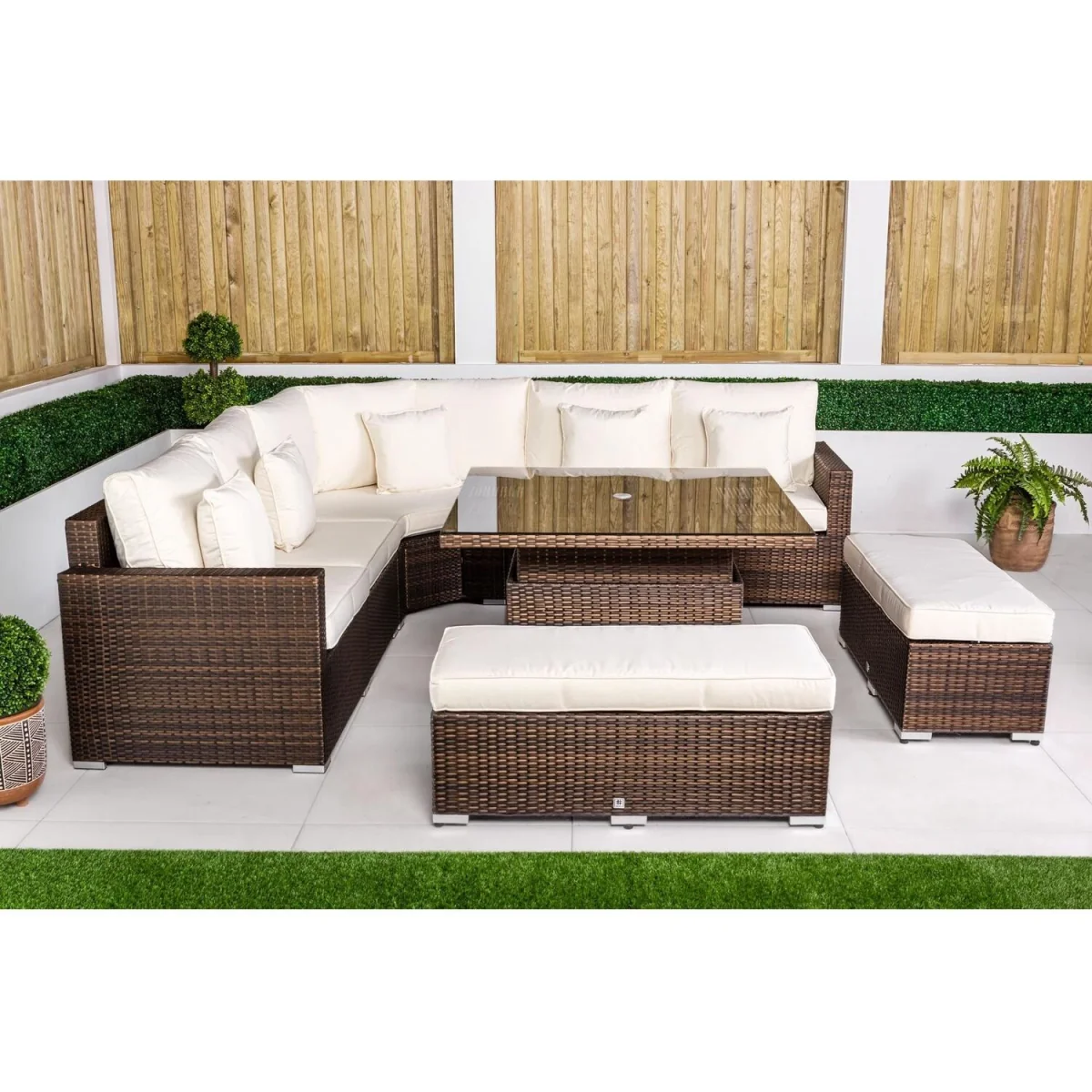 Santorini Corner Sofa Rattan Garden Furniture Set w/ Adjustable Table - Brown – image 4