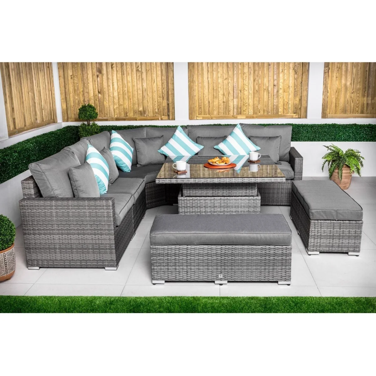 Santorini Corner Sofa Rattan Garden Furniture Set w/ Adjustable Table - Brown – image 6