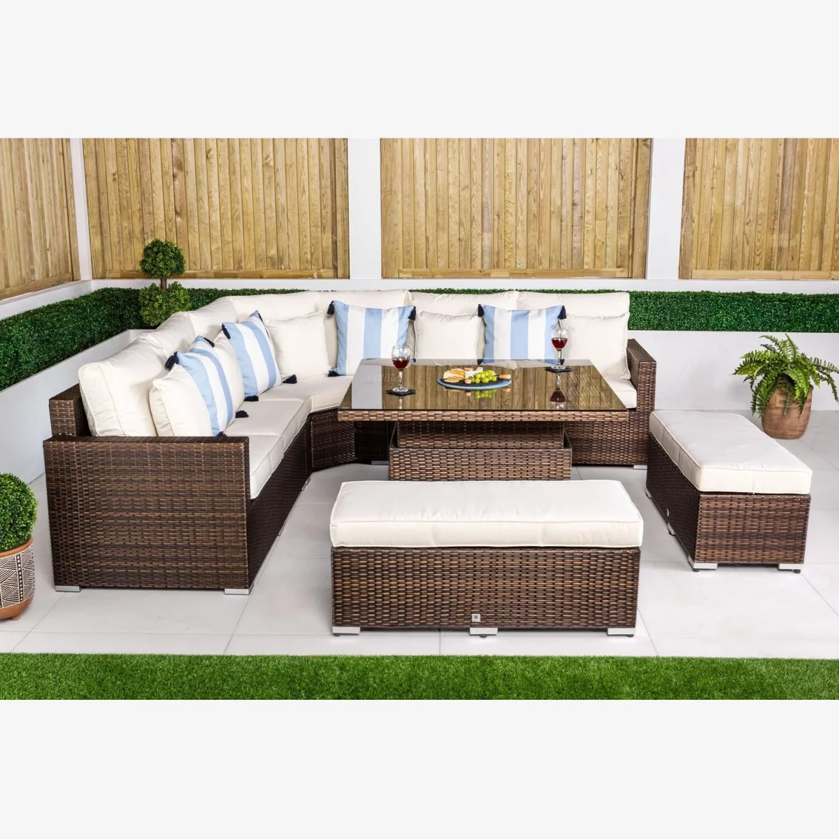 Santorini Corner Sofa Rattan Garden Furniture Set w/ Adjustable Table - Brown – image 1