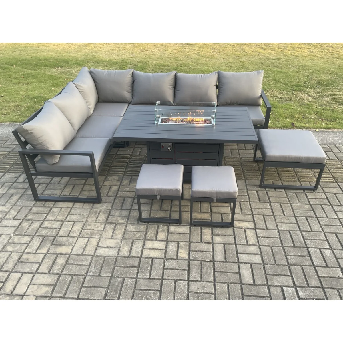 Fimous Aluminium 8-Piece Garden Corner Sofa with Gas Fire Pit Table Dark Grey - Dark Grey – image 2