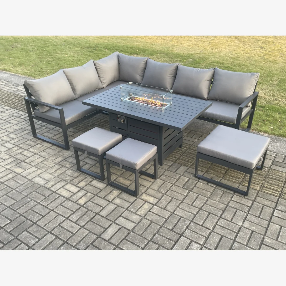 Fimous Aluminium 8-Piece Garden Corner Sofa with Gas Fire Pit Table Dark Grey - Dark Grey – image 1