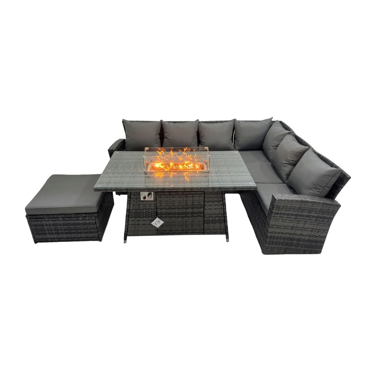 7 Seater Outdoor High Back Rattan Gas Fire Pit Corner Sofa Dining Set - Dark Grey Mixed