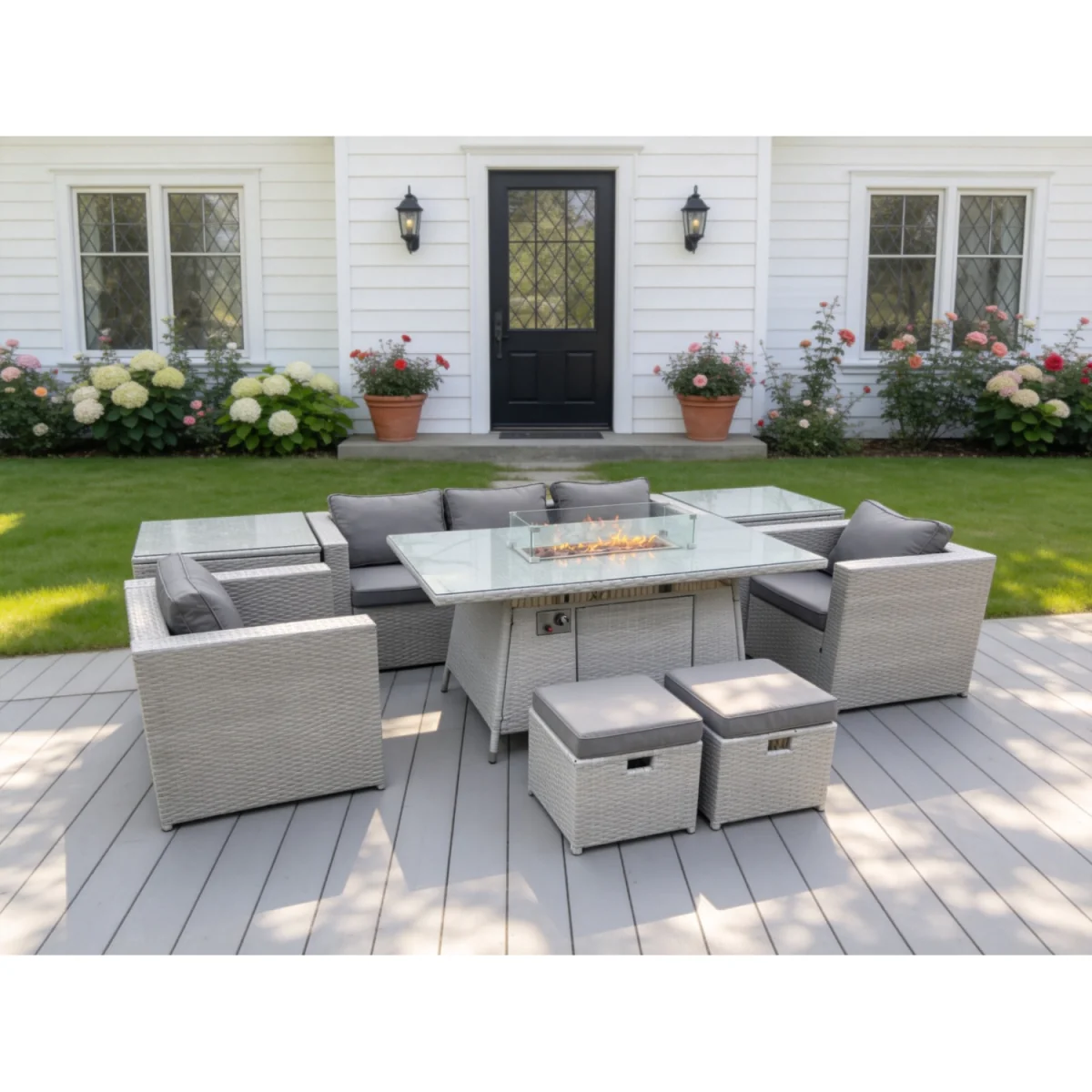 Rattan Garden Furniture Set Gas Fire Pit Lounge Sofa Chair Dining Set - Light Grey Mixed – image 2
