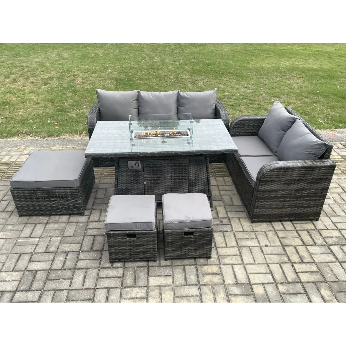 Fimous 7-piece outdoor PE rattan sofa and gas fire pit dining set in dark grey mixed. - Dark Grey – image 2