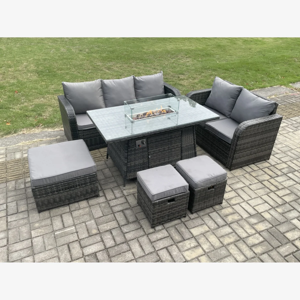 Fimous 7-piece outdoor PE rattan sofa and gas fire pit dining set in dark grey mixed. - Dark Grey – image 1