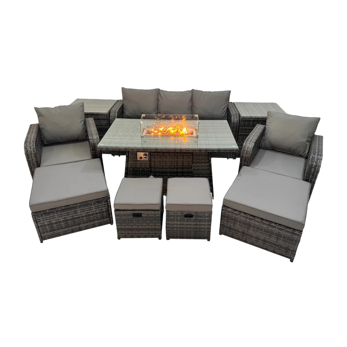 Fimous Garden Outdoor Rattan Furniture Set with Gas Fire Pit, Reclining Chairs and 3-Seater Sofa. - Dark Grey Mixed – image 1