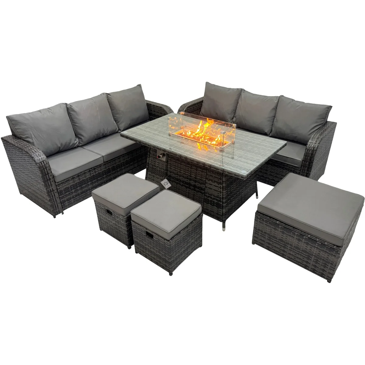 Fimous Garden Outdoor Rattan Furniture Set with Fire Pit Table (2 x 3-Seater Sofas, 3 Stools). - Dark grey mixed rattan with dark grey fabric – image 4