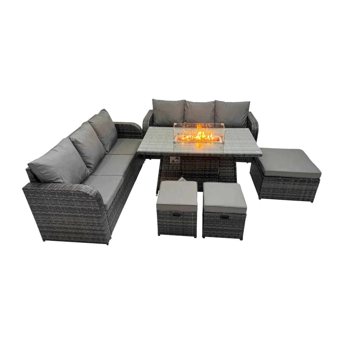 Fimous Garden Outdoor Rattan Furniture Set with Fire Pit Table (2 x 3-Seater Sofas, 3 Stools). - Dark grey mixed rattan with dark grey fabric – image 1