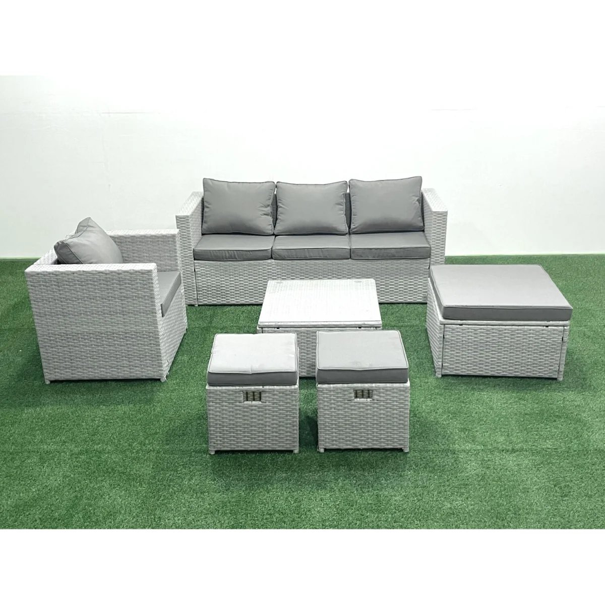 Fimous 6-Seater Rattan Garden Set with 3-Seater Sofa and Square Coffee Table - Light Grey Mixed – image 4