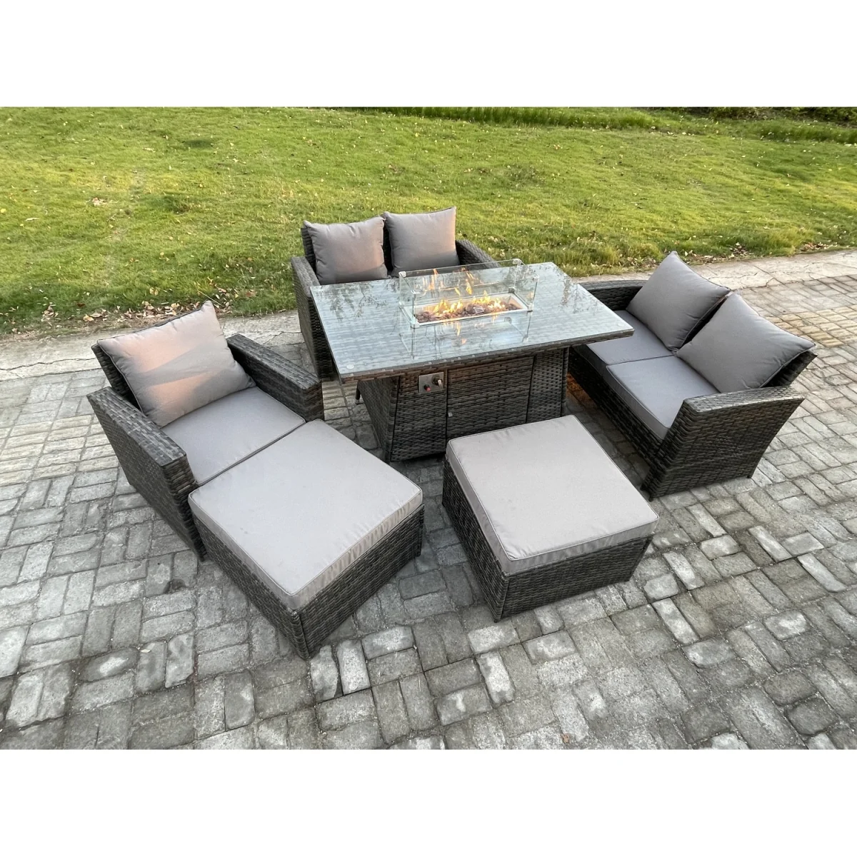 Fimous 7-Seater Rattan Garden Set with Gas Fire Pit Table and Sofas - Dark grey mixed rattan with dark grey fabric – image 3