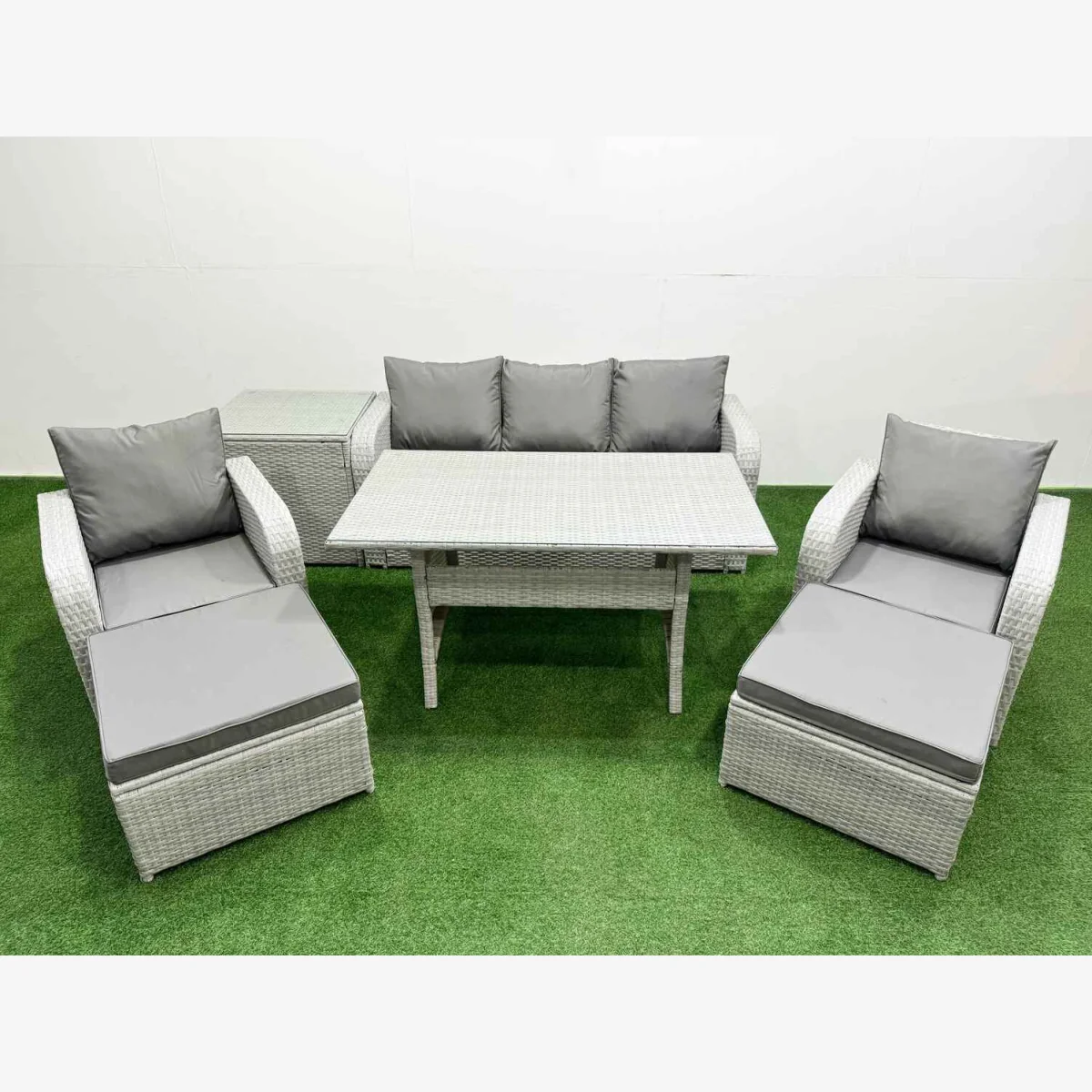 Fimous PE rattan 7-piece outdoor reclining sofa and dining set light grey - Light Grey – image 1