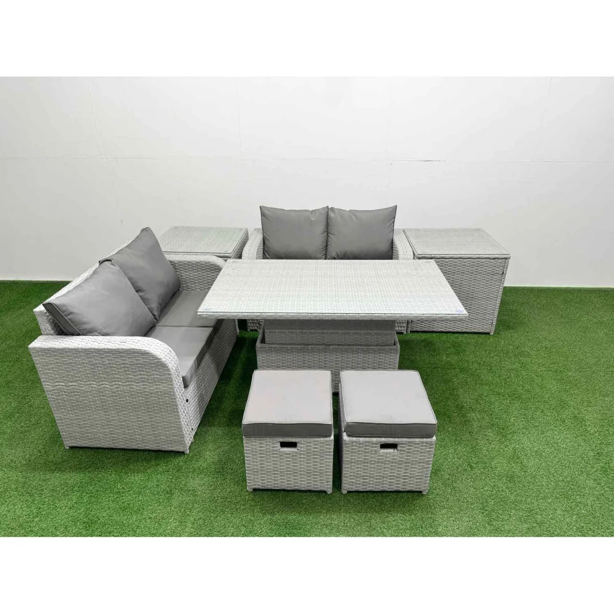Fimous 6-Seater Rattan Love Sofa Garden Set with Adjustable Lifting Table Light Grey - Light grey PE rattan with dark grey fabric – image 5