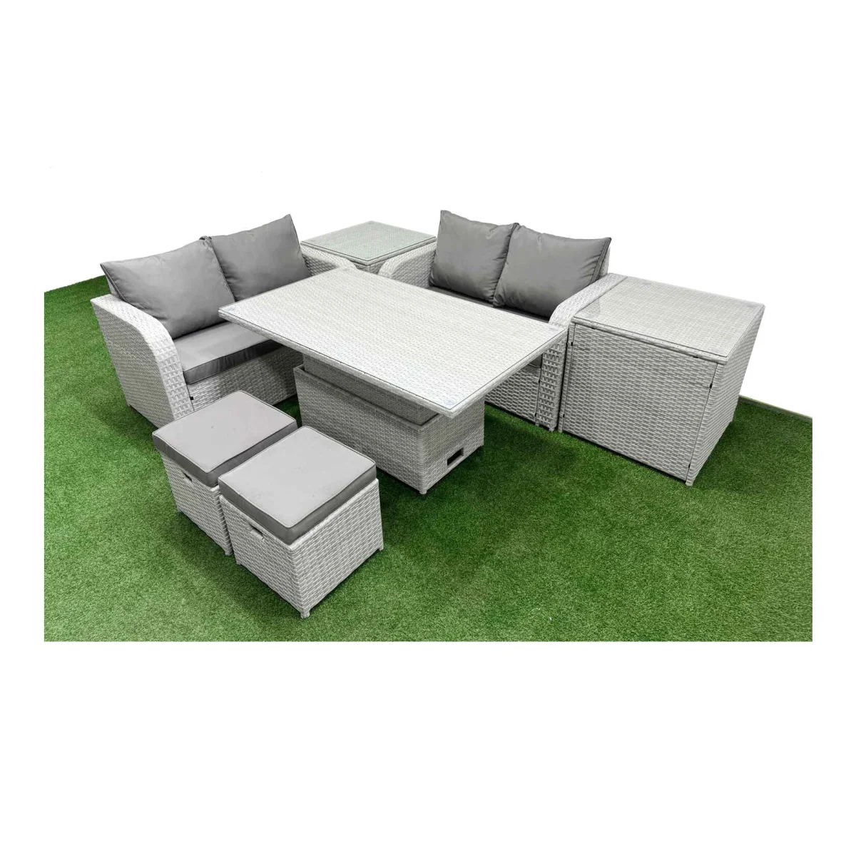 Fimous 6-Seater Rattan Love Sofa Garden Set with Adjustable Lifting Table Light Grey - Light grey PE rattan with dark grey fabric – image 1