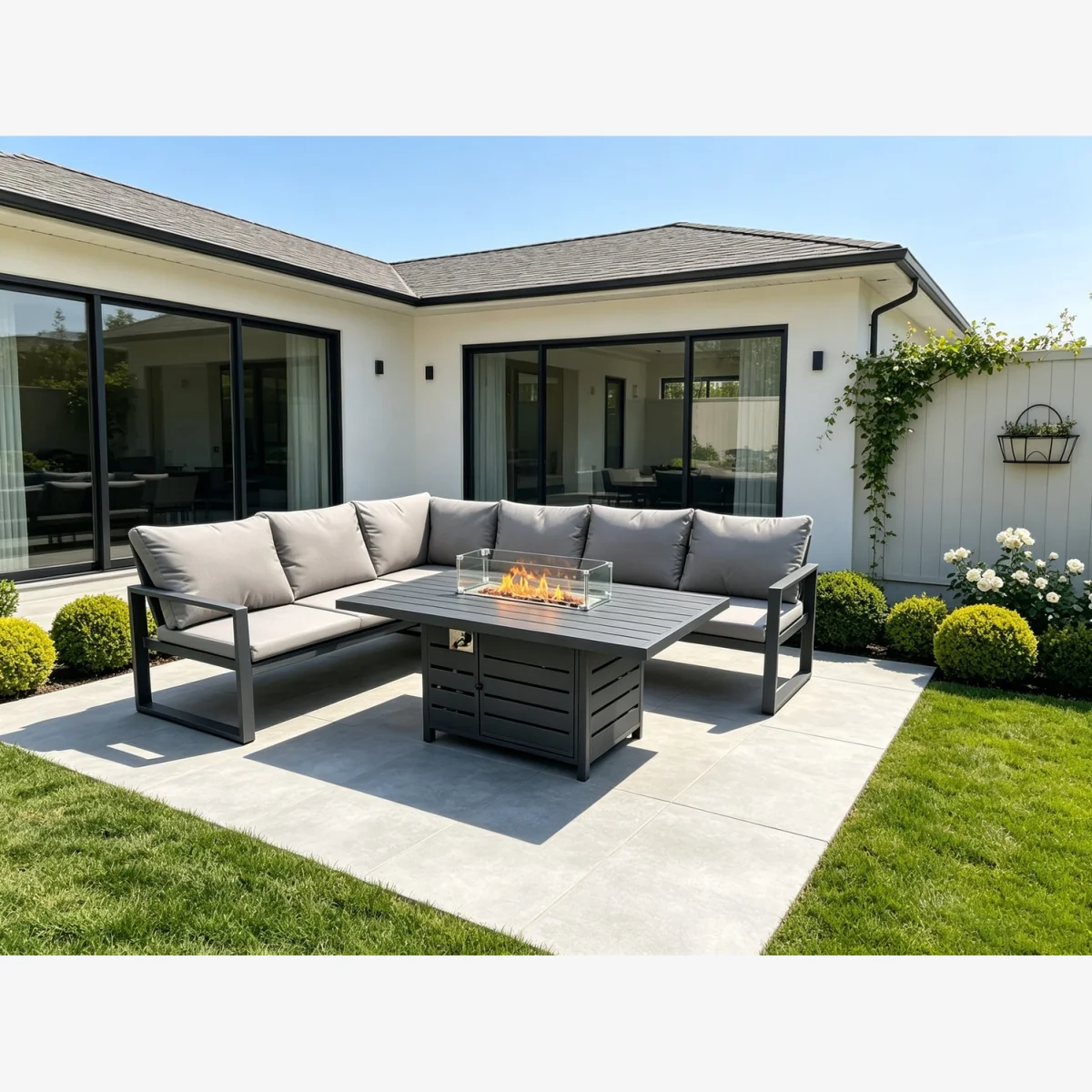 Fimous Aluminum Outdoor 6-Seater Corner Sofa & Gas Fire Pit Dining Set in Dark Grey. - Dark Grey