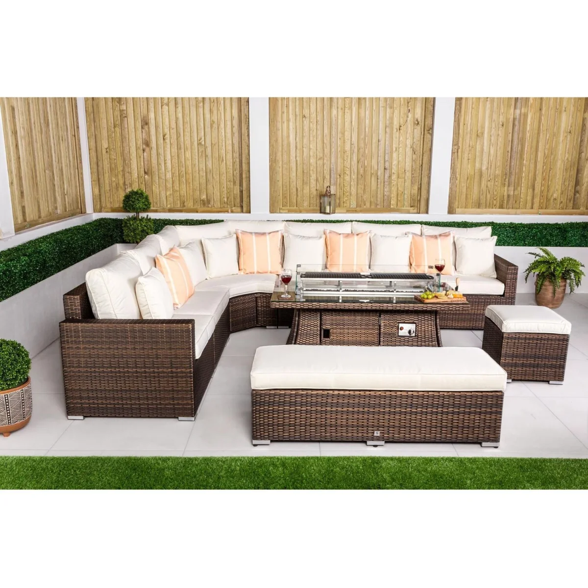 Santorini Corner Sofa Rattan Garden Furniture Set with Fire Pit Table - Brown – image 3