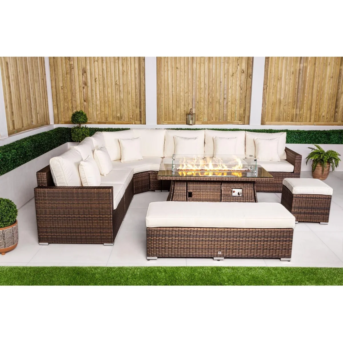 Santorini Corner Sofa Rattan Garden Furniture Set with Fire Pit Table - Brown – image 4