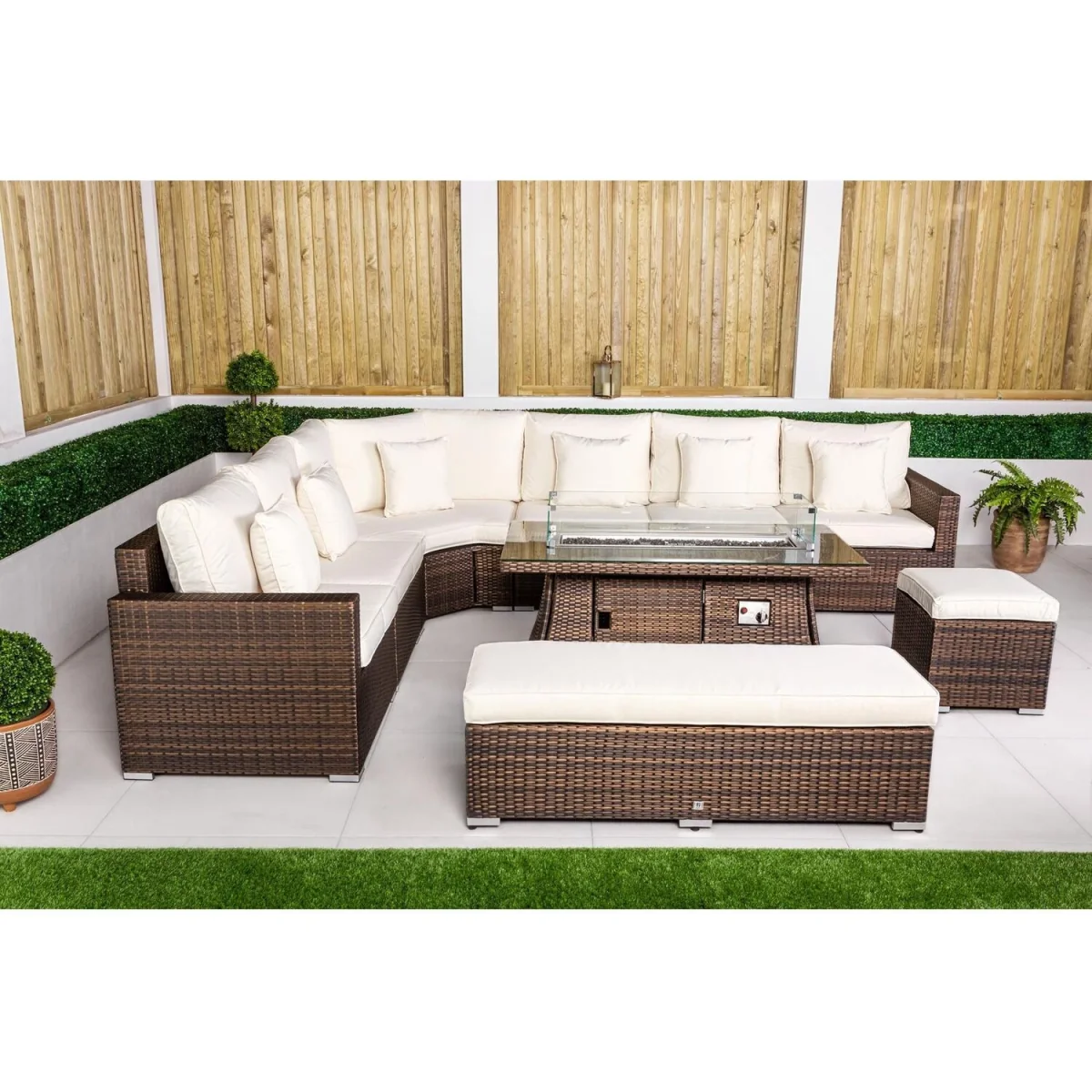 Santorini Corner Sofa Rattan Garden Furniture Set with Fire Pit Table - Brown – image 5