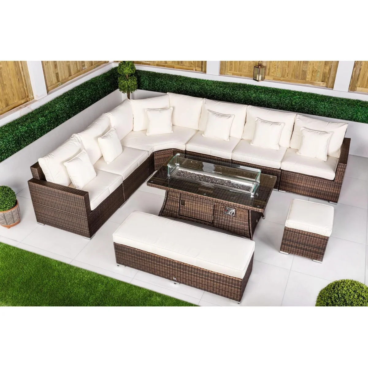 Santorini Corner Sofa Rattan Garden Furniture Set with Fire Pit Table - Brown – image 6