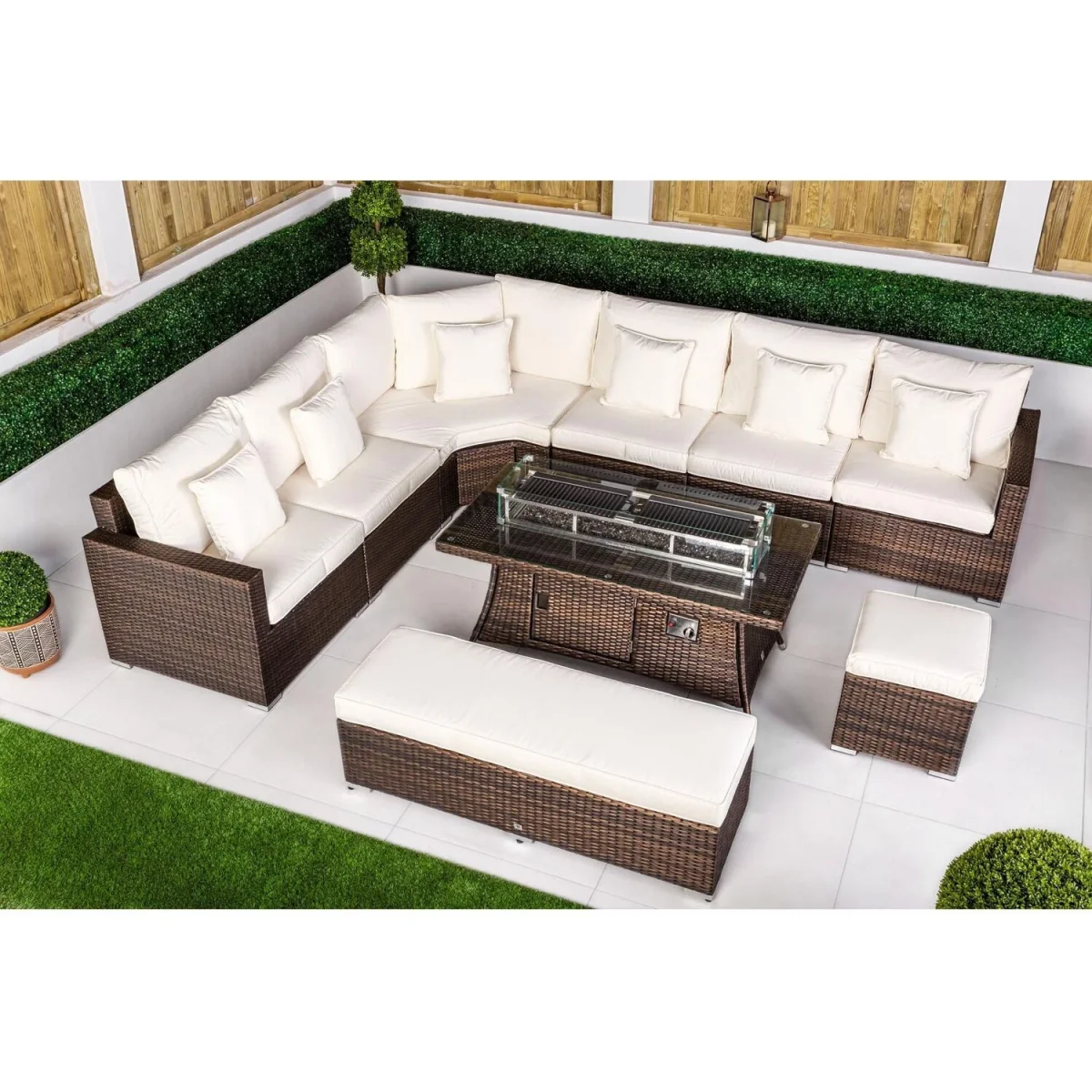 Santorini Corner Sofa Rattan Garden Furniture Set with Fire Pit Table - Brown – image 7