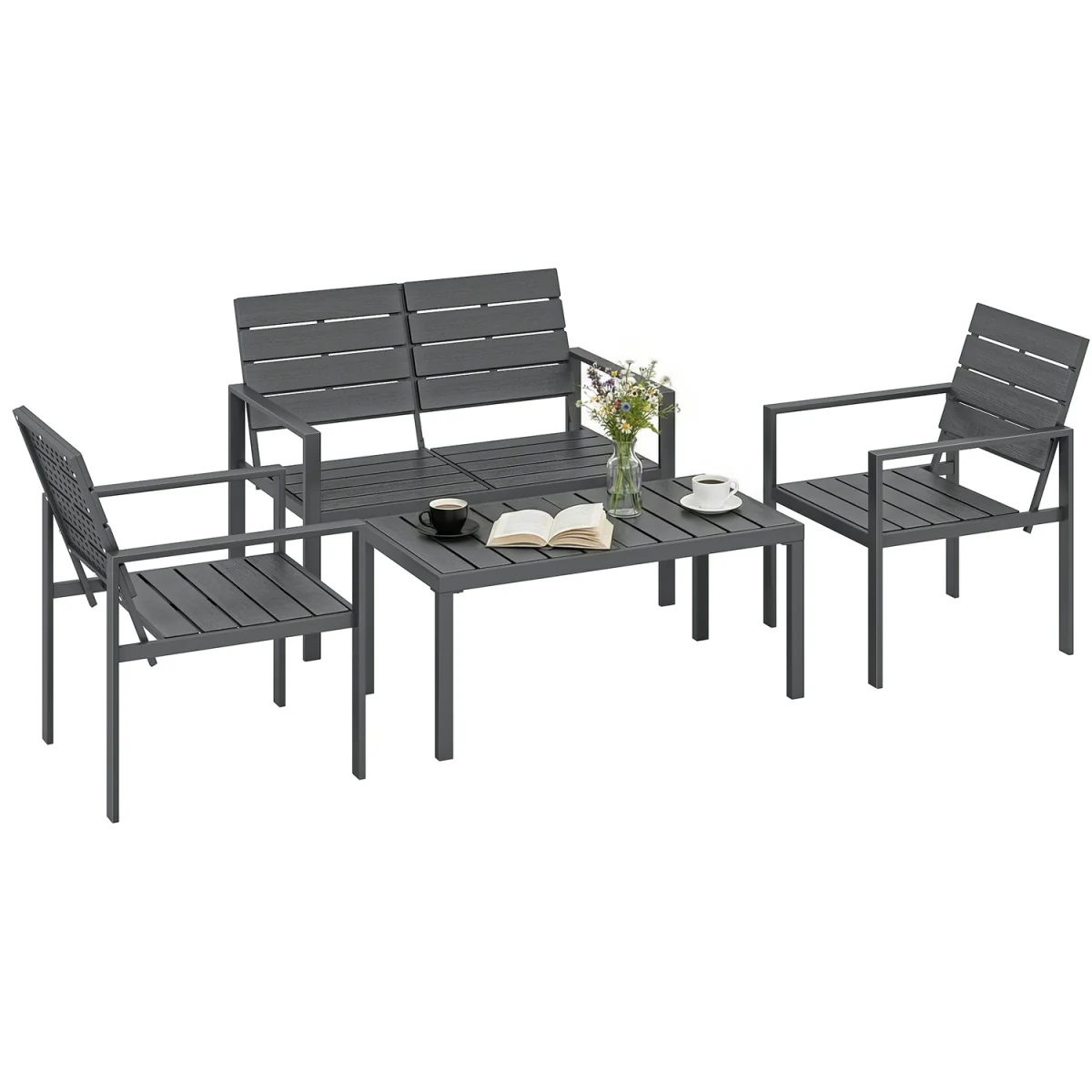 Outsunny 4 Piece Garden Furniture Set, HDPE Metal Outdoor Sofa - Dark Grey – image 2