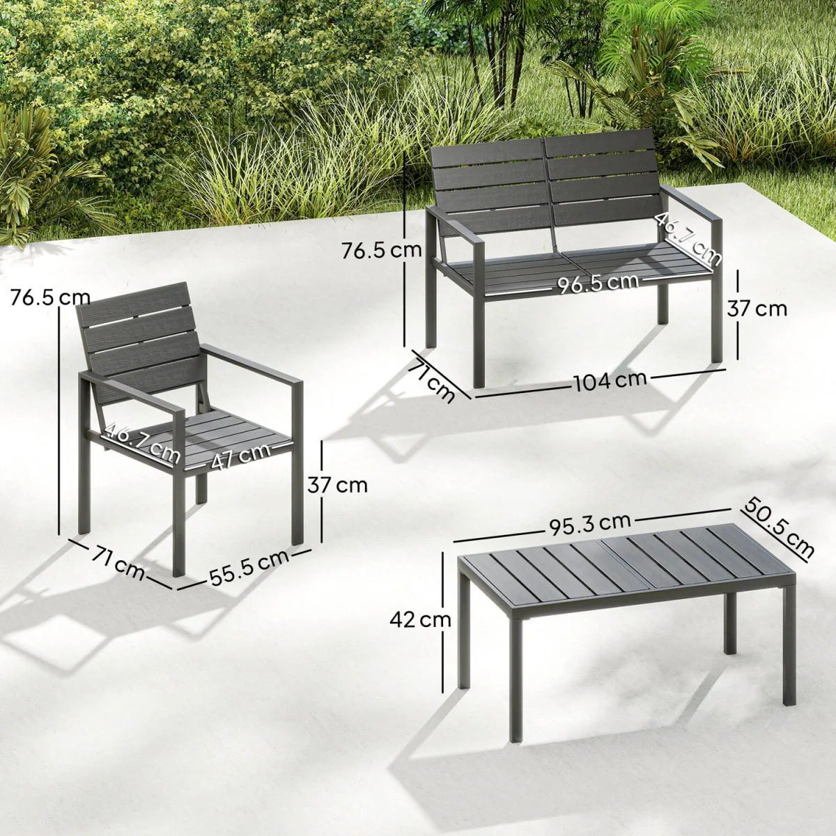 Outsunny 4 Piece Garden Furniture Set, HDPE Metal Outdoor Sofa - Dark Grey – image 3