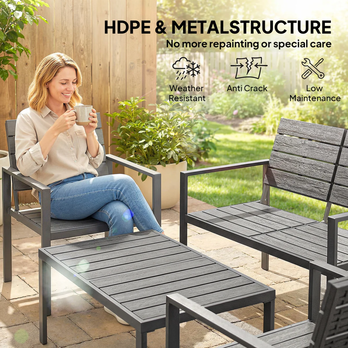 Outsunny 4 Piece Garden Furniture Set, HDPE Metal Outdoor Sofa - Dark Grey – image 4