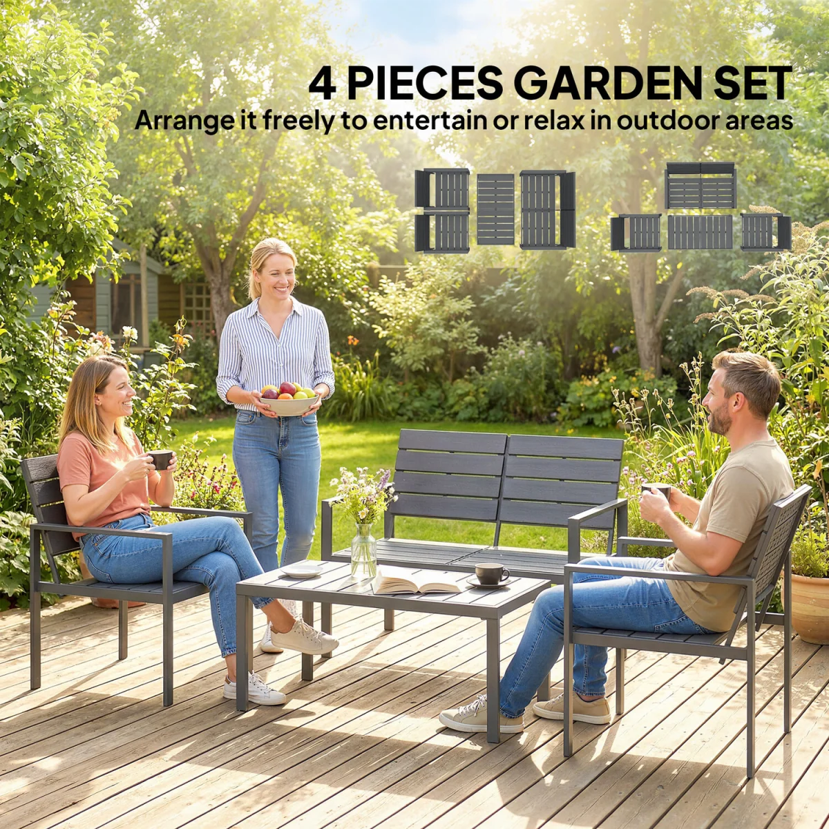 Outsunny 4 Piece Garden Furniture Set, HDPE Metal Outdoor Sofa - Dark Grey – image 7