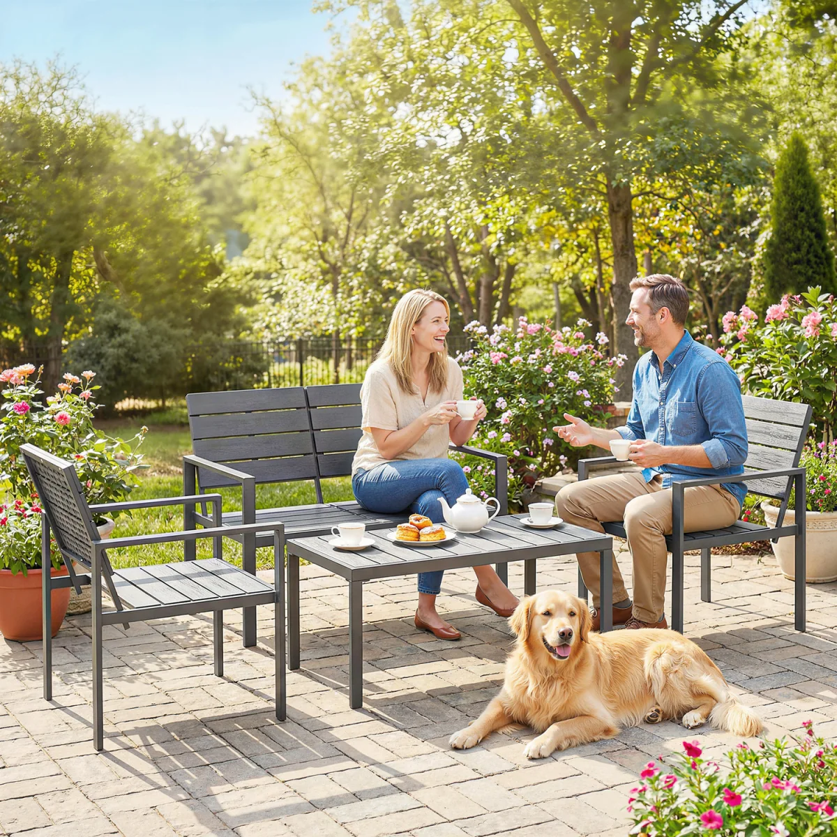 Outsunny 4 Piece Garden Furniture Set, HDPE Metal Outdoor Sofa - Dark Grey – image 9