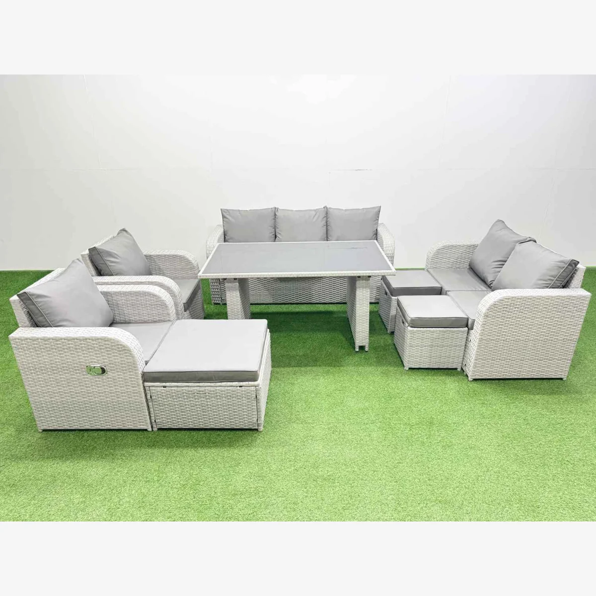 Fimous 10-Seater PE Rattan Garden Sofa and Dining Set with Tempered Glass Table, Light Grey. - Light Grey – image 1