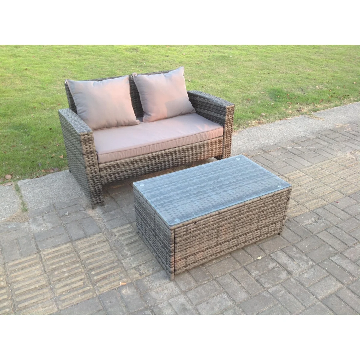 High Back Rattan Garden Furniture 2 Seater Love Seat Sofa - Dark Grey Mixed – image 2