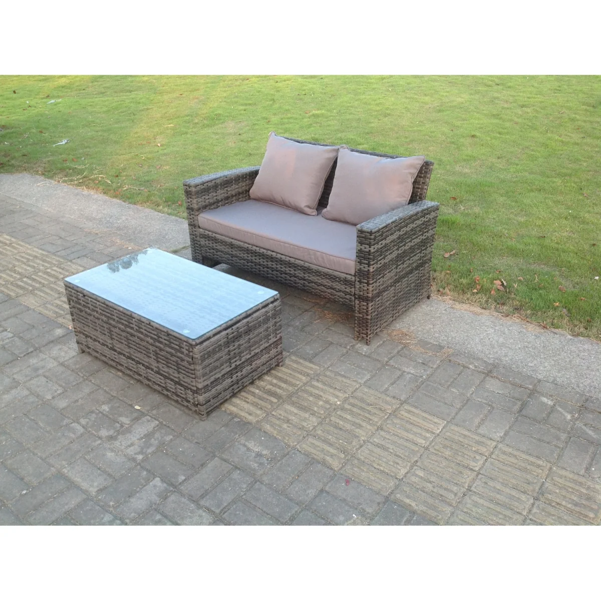 High Back Rattan Garden Furniture 2 Seater Love Seat Sofa - Dark Grey Mixed – image 3