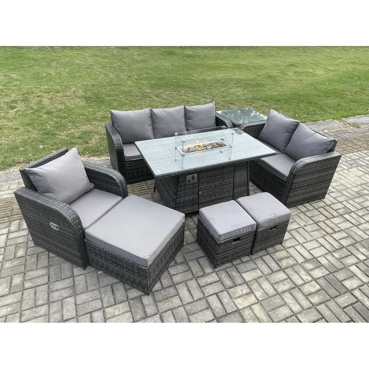 Fimous 9-Seater Garden Patio Wicker Rattan Set with Gas Fire Pit Table, Sofa and Chairs - Dark Grey – image 2