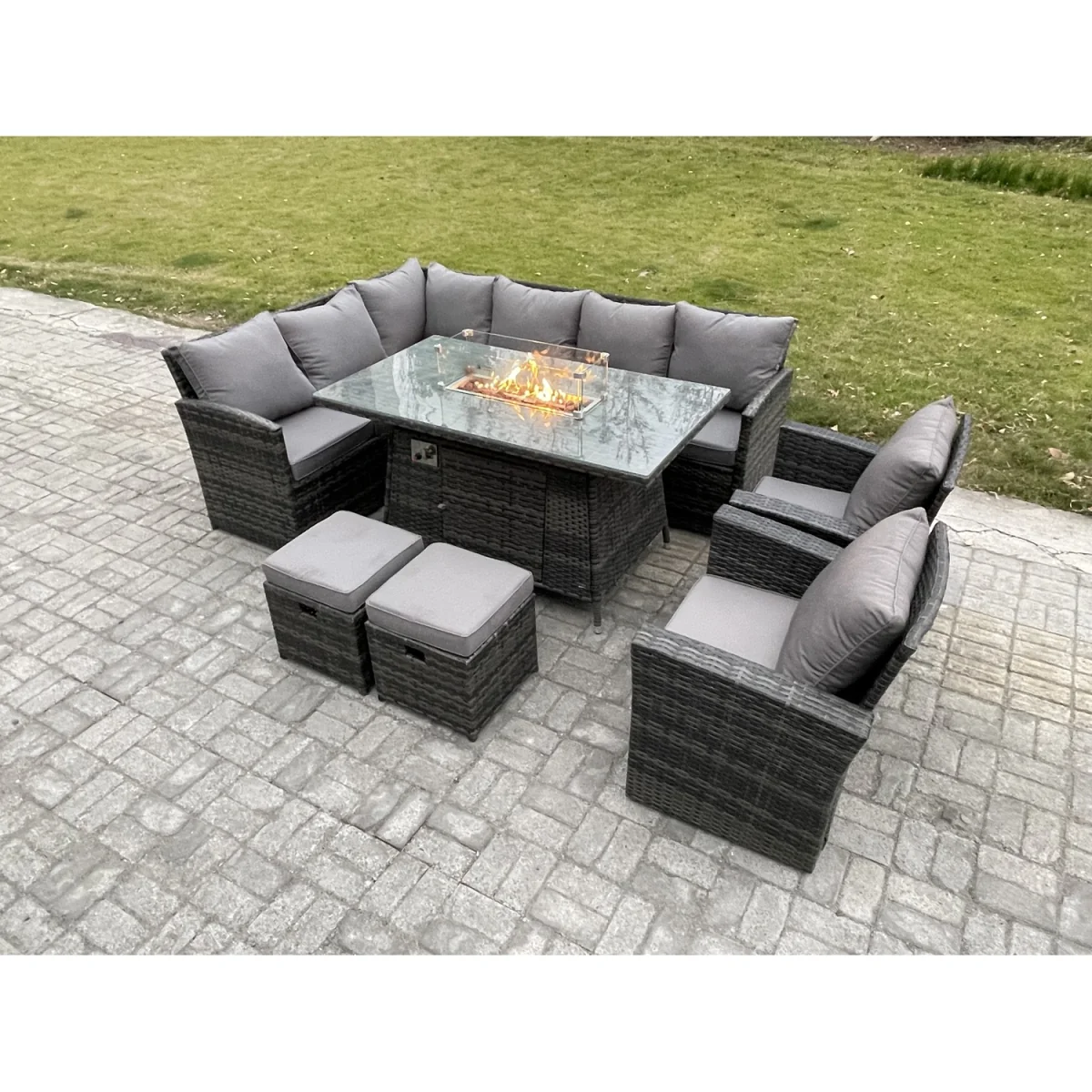 Fimous 10-Seater Rattan Garden Set with High-Back Corner Sofa and Gas Fire Pit. - Dark Grey Mixed – image 5