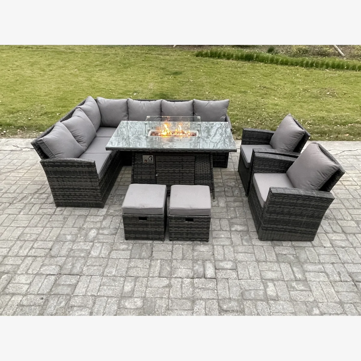 Fimous 10-Seater Rattan Garden Set with High-Back Corner Sofa and Gas Fire Pit. - Dark Grey Mixed – image 1