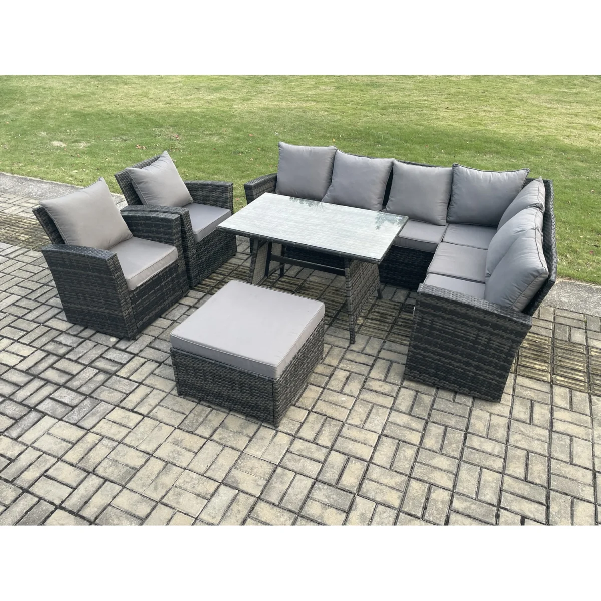 Fimous High Back 9-Seater Outdoor Rattan Corner Sofa and Dining Table Set Dark Grey Mixed. - Dark grey mixed rattan with dark grey fabric – image 3