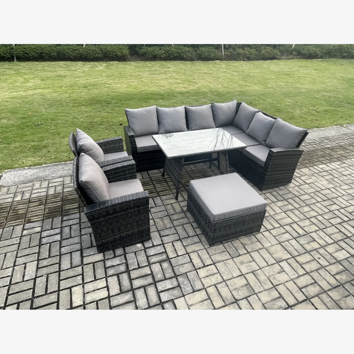 Fimous High Back 9-Seater Outdoor Rattan Corner Sofa and Dining Table Set Dark Grey Mixed. - Dark grey mixed rattan with dark grey fabric – image 1