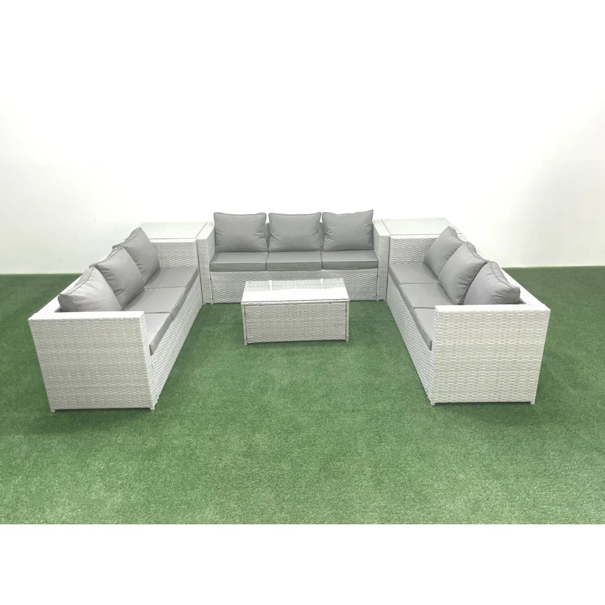 Fimous Rattan Outdoor 9-Seater Sofa and Coffee Table Set Light Grey Mixed - Light Grey Mixed – image 5