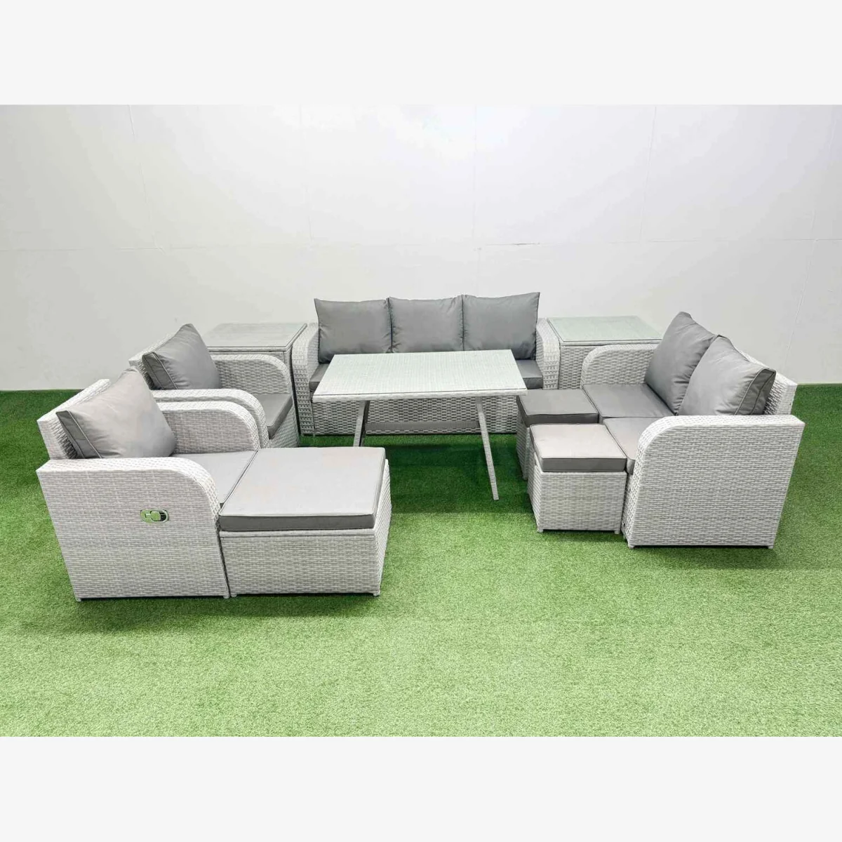 Fimous PE Rattan 10-Seater Outdoor Sofa Dining Set Reclining Chairs Light Grey - Light Grey – image 1