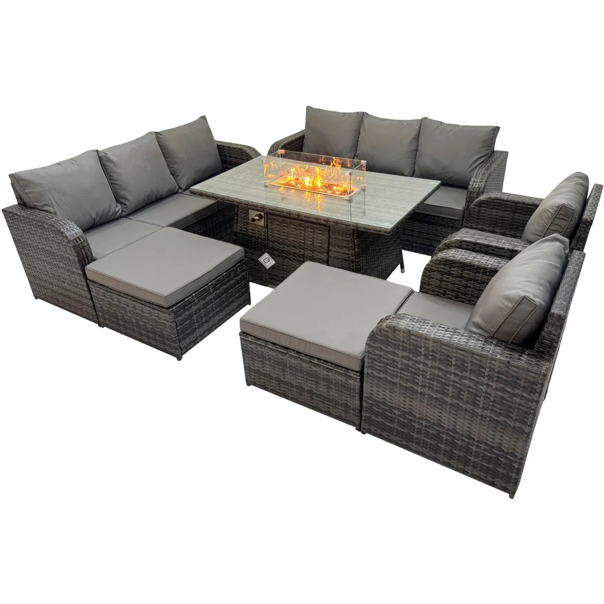 Fimous Outdoor Rattan Furniture Set with Reclining Chairs, 3-Seater Sofas and Fire Pit Table. - Dark Grey Mixed rattan with dark grey fabric – image 4