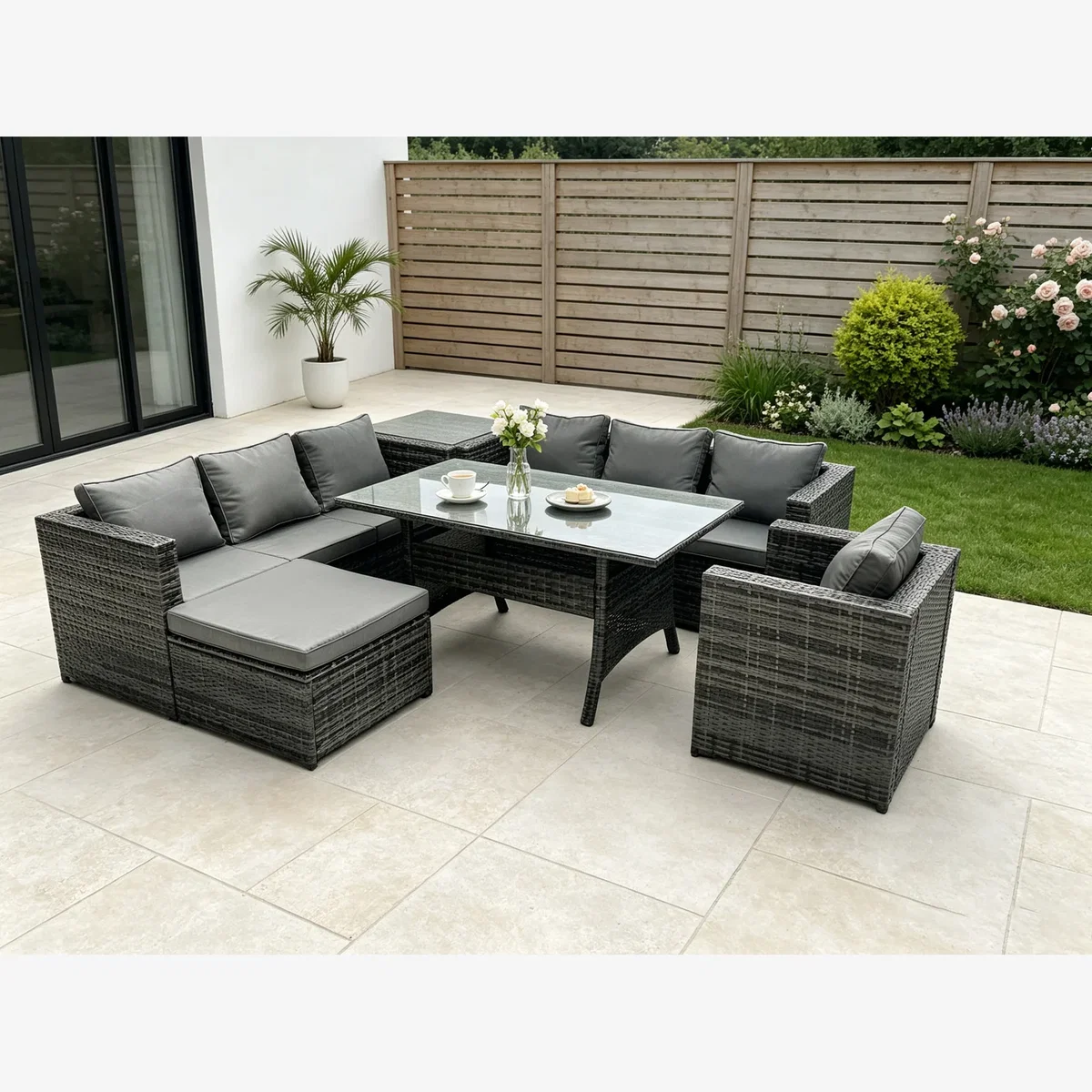 Fimous Rattan Garden Sofa Table 8 Seat Side Table Footstool - Dark Grey