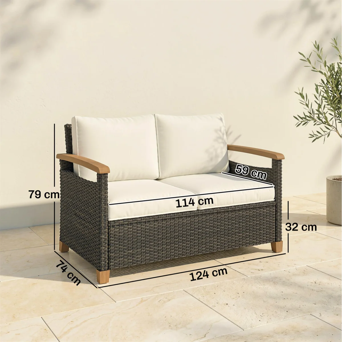 Outsunny 2 Seater Rattan Garden Sofa with Acacia Wood Arms - Brown – image 8
