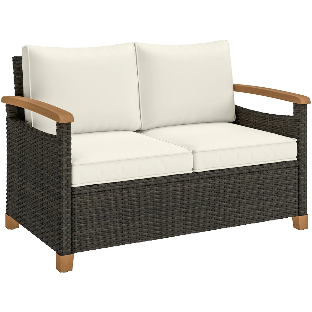 Outsunny 2 Seater Rattan Garden Sofa with Acacia Wood Arms - Brown – image 9