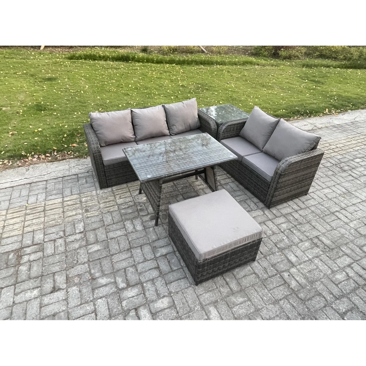 Fimous High Back PE Rattan 6-Seater Outdoor Garden Sofa and Dining Set - Dark grey mixed rattan with dark grey fabric – image 2