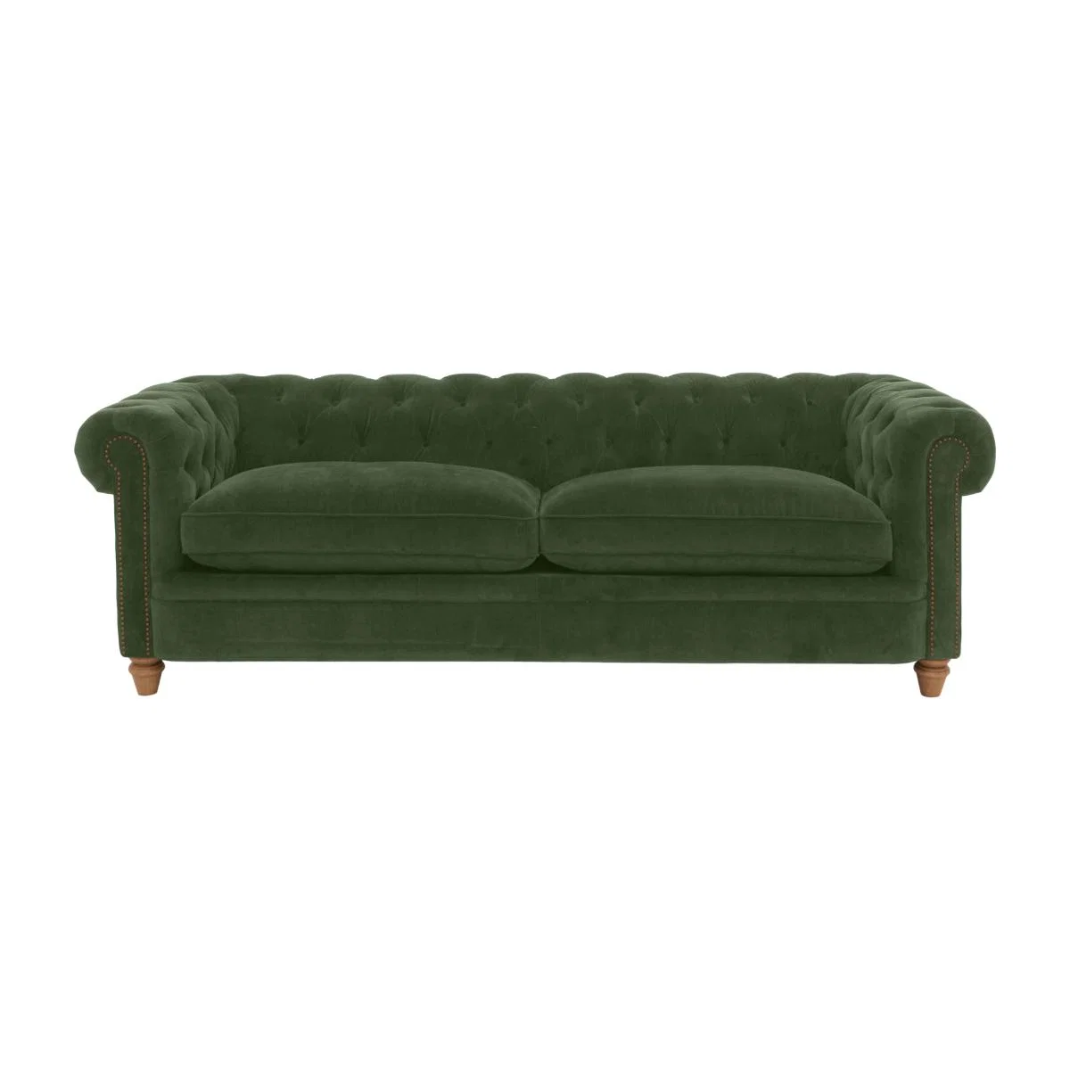 Alexander and James - Chesterfield Collection Ralph 4 Seater Fabric Sofa - Highland Green with Studs - Oak Feet
