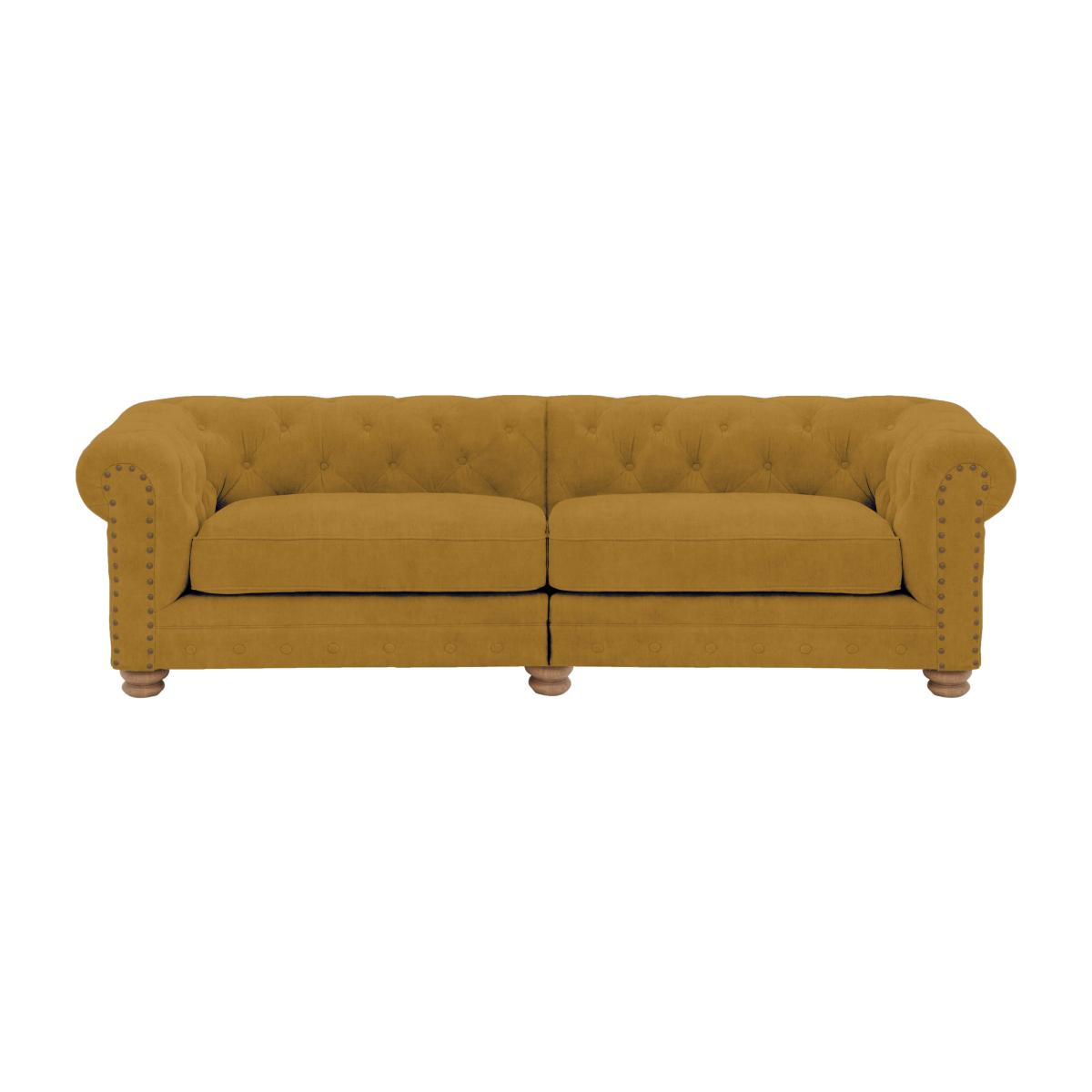 Alexander and James - Chesterfield Collection Hugo 4 Seater Split Frame Fabric Sofa - Turmeric with Studs - Oak Feet